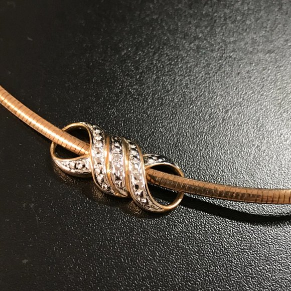 17" 18Kt Gold Vermeil Omega Necklace and OXO Diamond Accent Pendant - Picture 2 of 8